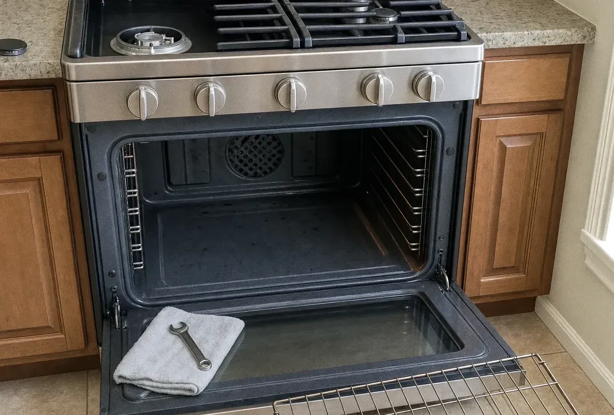 Stainless gas range with the oven door lowered, a wrench on a folded towel across the door and a rack standing on the tiles