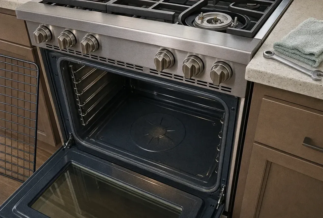 Stainless range set in dark cabinetry with the oven door open on an empty cavity and a folded towel on the worktop