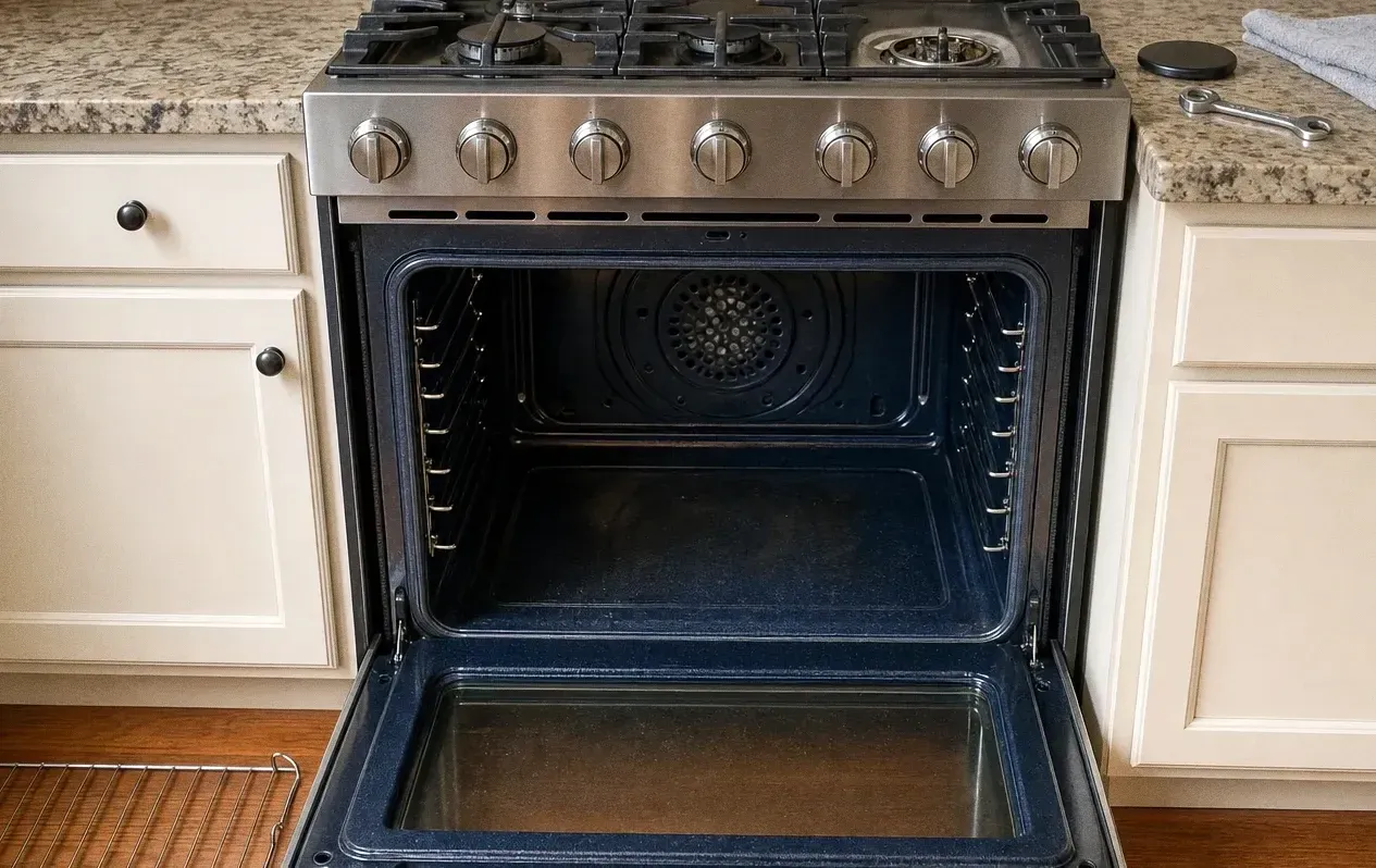 Wide six-knob range with the oven door open, the convection fan cover visible at the back of the empty cavity