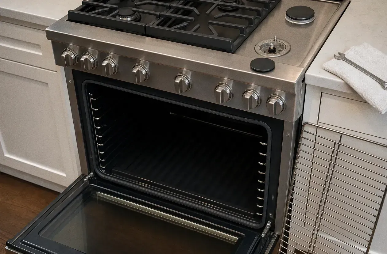 Pro-style stainless range with a griddle plate beside the burners, the oven door wide open and a rack set alongside