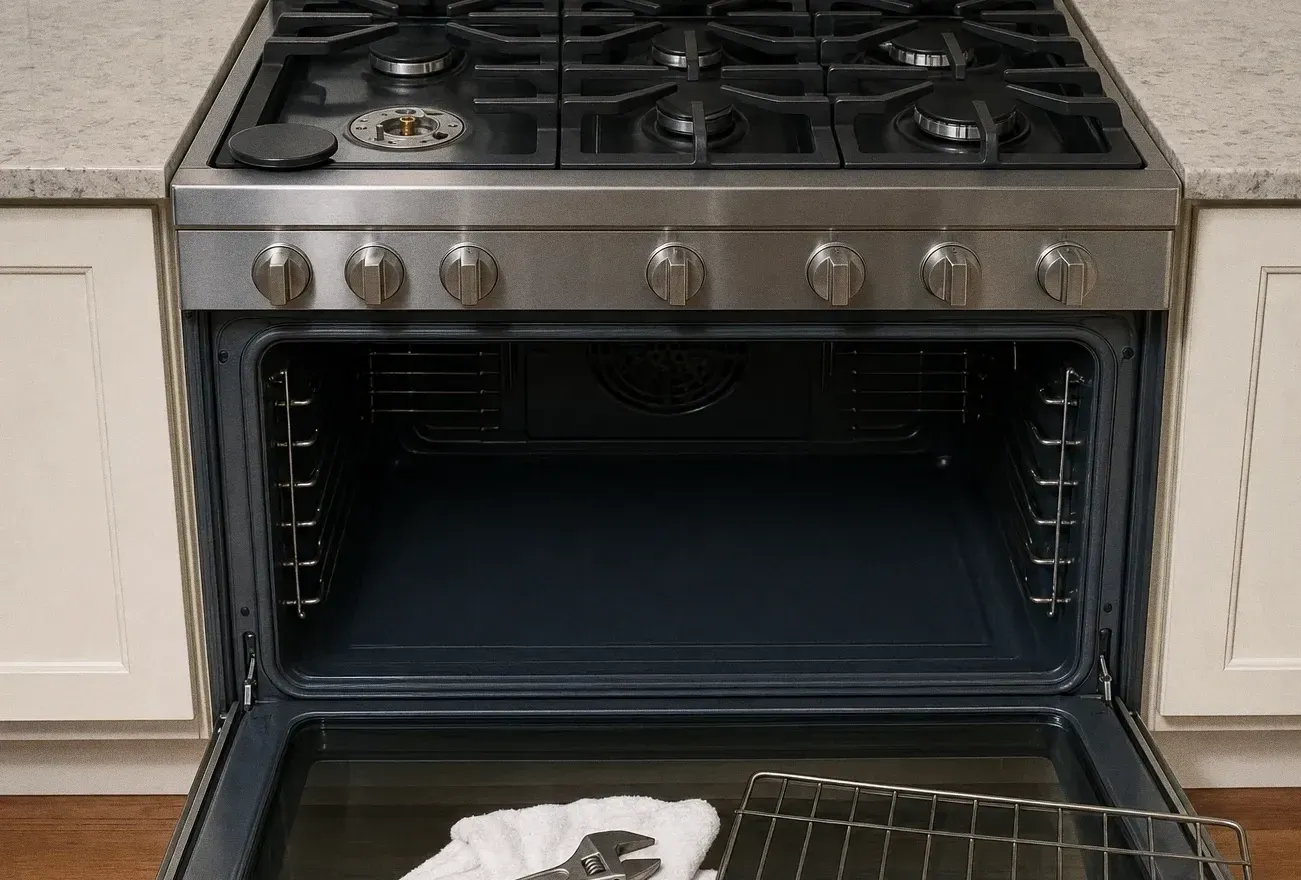 Five-burner stainless range with the oven open, a towel and wrench inside the door and the rack lifted out