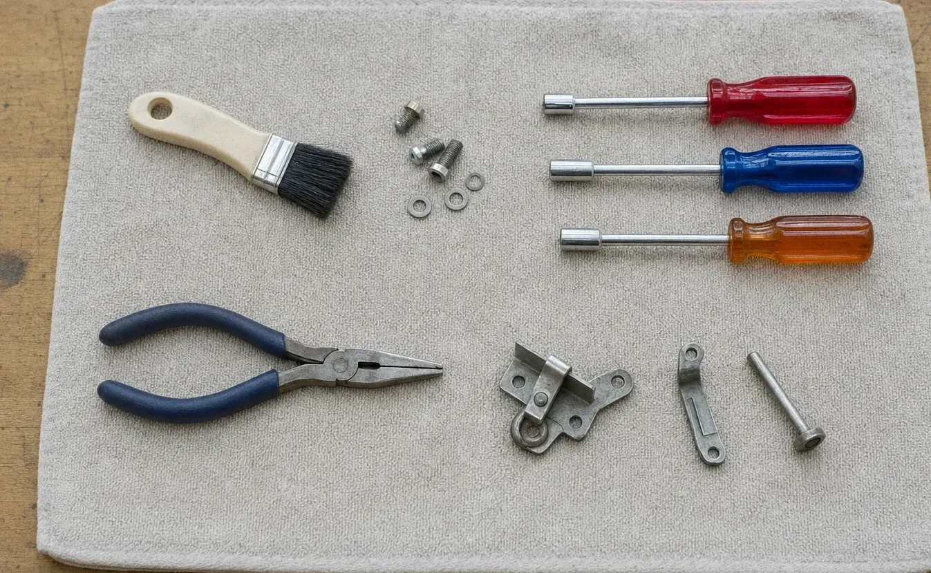 Flat-lay of a paint brush, three nut drivers, needle-nose pliers, two hinge plates, washers and a roller pin on a cloth